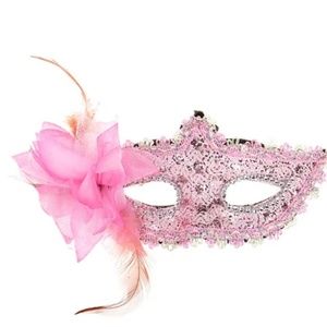 NWOT  Masquerades, Mardi Gras Party Lace Feather Half Face Mask w/ Flower - Pink